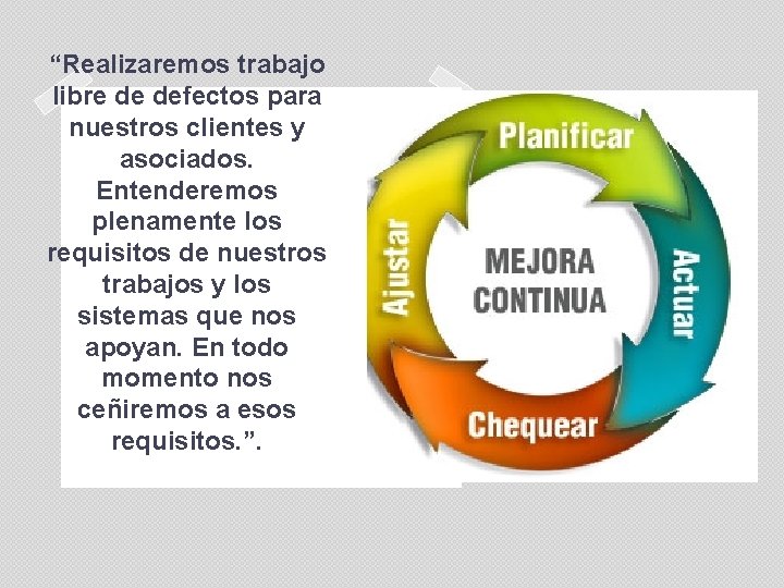 “Realizaremos trabajo libre de defectos para nuestros clientes y asociados. Entenderemos plenamente los requisitos