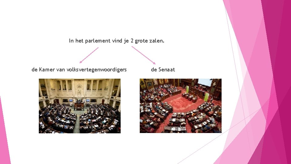 In het parlement vind je 2 grote zalen. de Kamer van volksvertegenwoordigers de Senaat