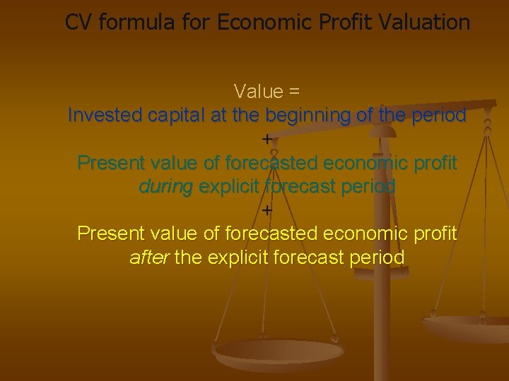 CV formula for Economic Profit Valuation Value = Invested capital at the beginning of