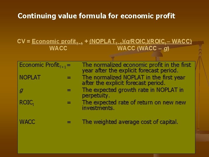 Continuing value formula for economic profit CV = Economic profit. T+1 + (NOPLATT+1)(g/ROICI)(ROICI –