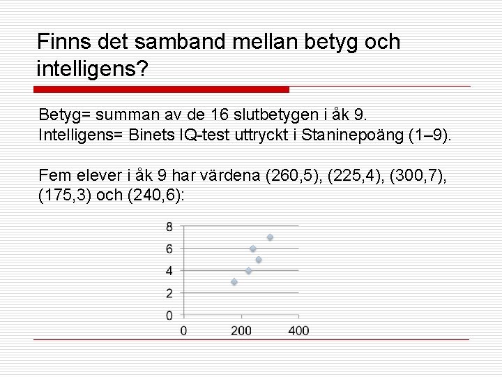 Finns det samband mellan betyg och intelligens? Betyg= summan av de 16 slutbetygen i