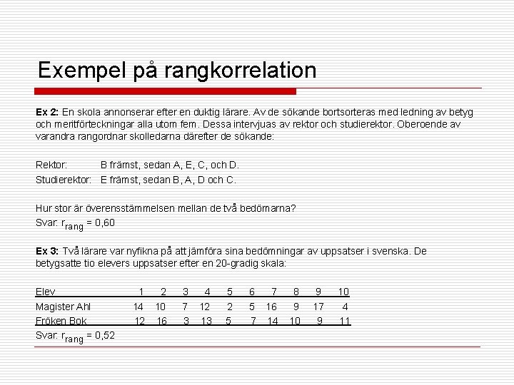 Exempel på rangkorrelation Ex 2: En skola annonserar efter en duktig lärare. Av de