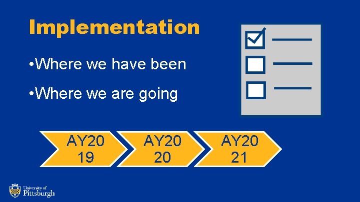 Implementation • Where we have been • Where we are going AY 20 19