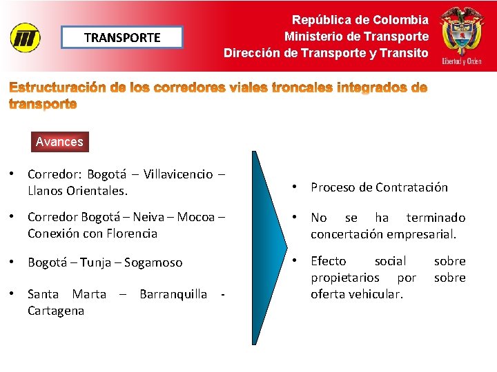 TRANSPORTE República de Colombia Ministerio de Transporte Dirección de Transporte y Transito Avances •