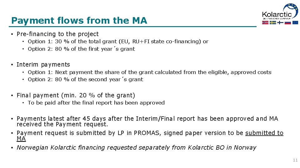 Payment flows from the MA • Pre-financing to the project • Option 1: 30