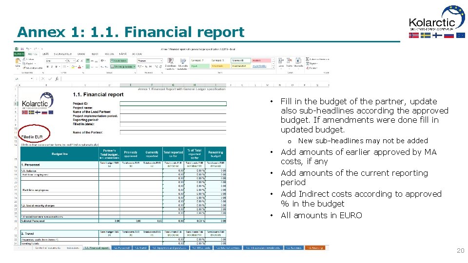 Annex 1: 1. 1. Financial report • Fill in the budget of the partner,