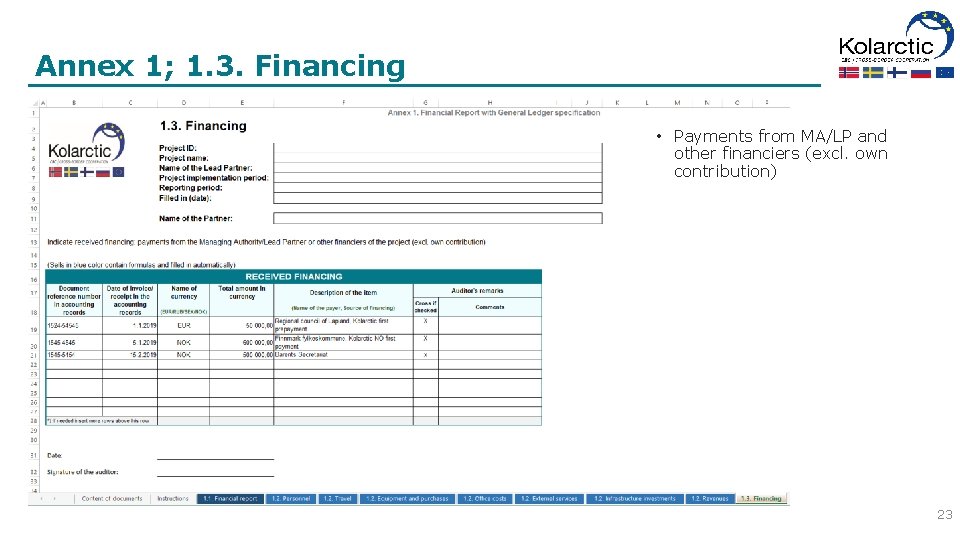 Annex 1; 1. 3. Financing • Payments from MA/LP and other financiers (excl. own