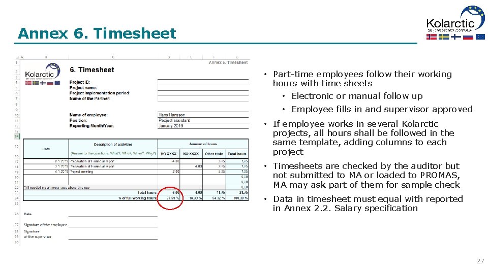 Annex 6. Timesheet • Part-time employees follow their working hours with time sheets •