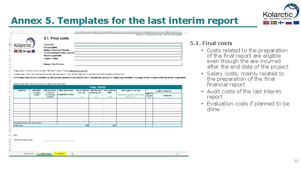 Annex 5. Templates for the last interim report 5. 1. Final costs • Costs