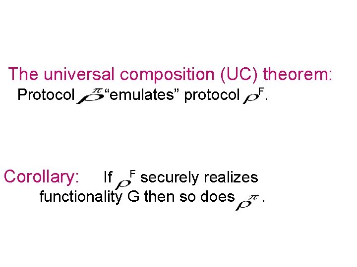 The universal composition (UC) theorem: Protocol “emulates” protocol F. (That is, for any adversary