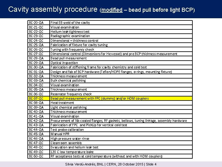 Cavity assembly procedure (modified – bead pull before light BCP) BC-20 -QA BC-21 -QC