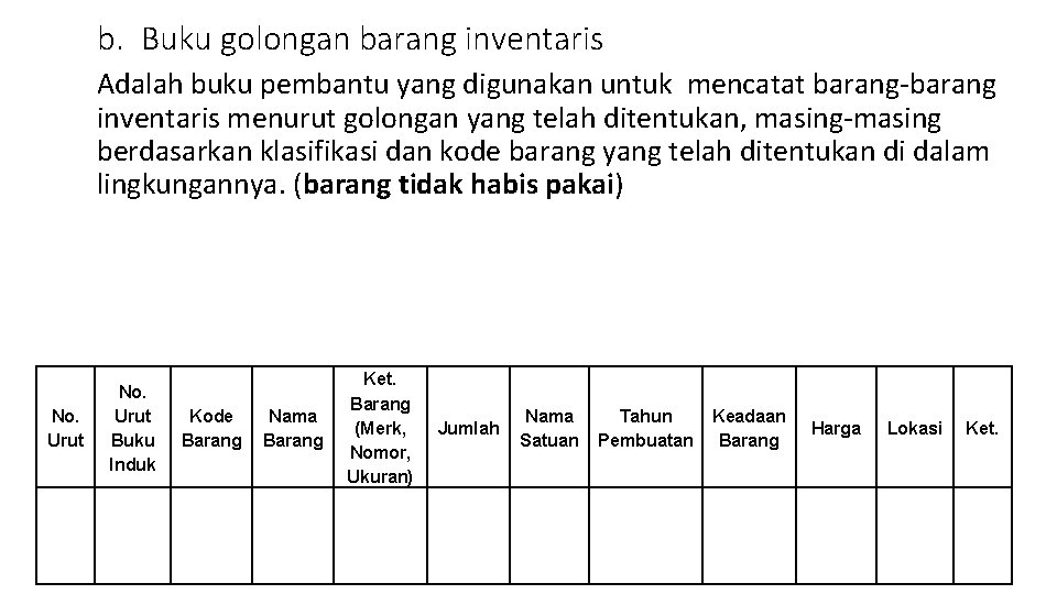 b. Buku golongan barang inventaris Adalah buku pembantu yang digunakan untuk mencatat barang-barang inventaris
