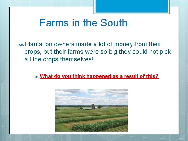 Farms in the South Plantation owners made a lot of money from their crops,