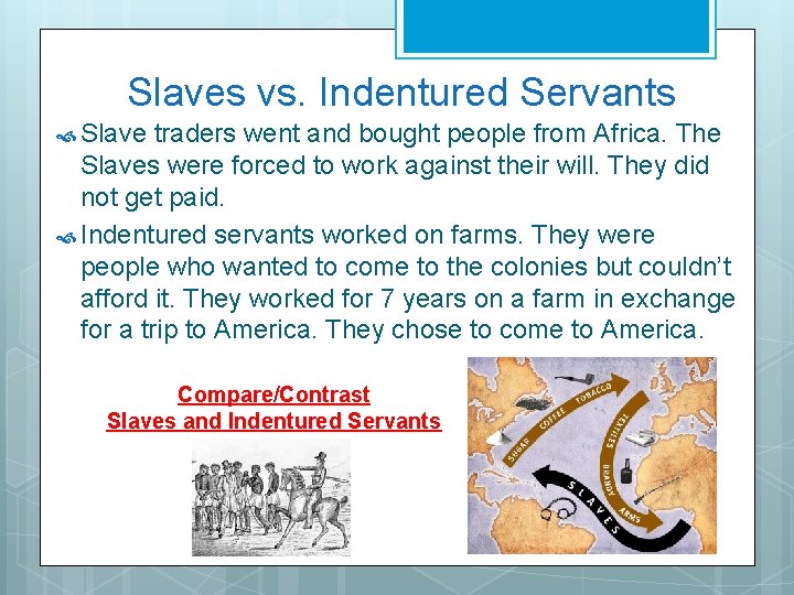 Slaves vs. Indentured Servants Slave traders went and bought people from Africa. The Slaves