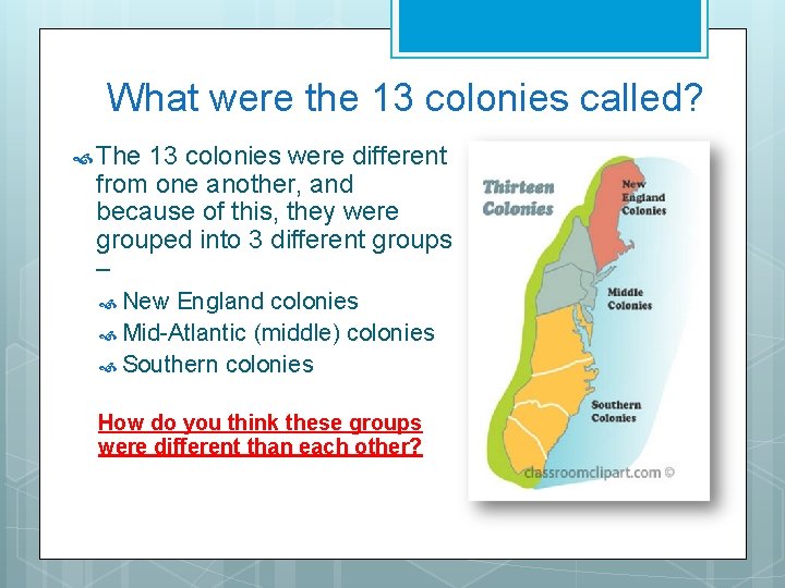 What were the 13 colonies called? The 13 colonies were different from one another,