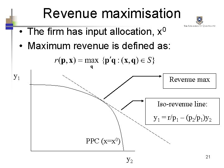 Revenue maximisation • The firm has input allocation, x 0 • Maximum revenue is