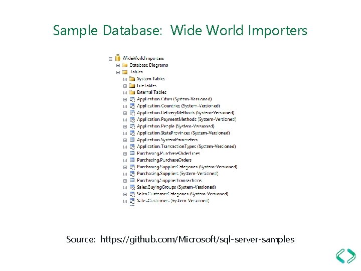 Sample Database: Wide World Importers Source: https: //github. com/Microsoft/sql-server-samples 
