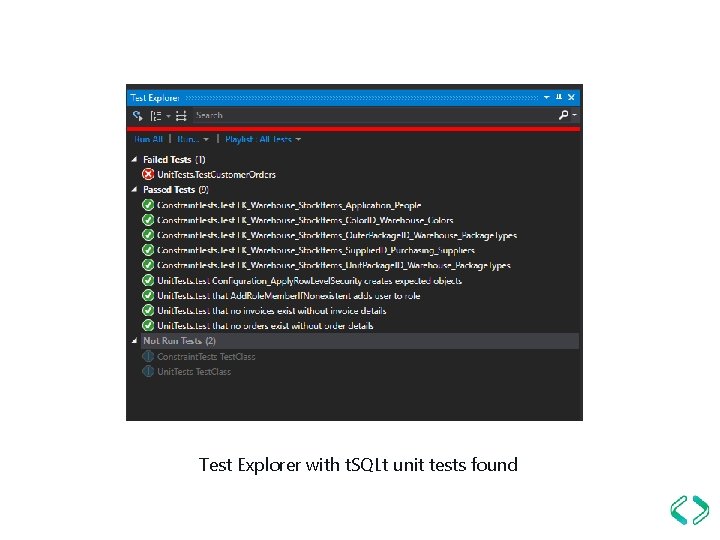 Test Explorer with t. SQLt unit tests found 