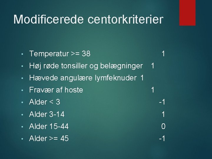 Modificerede centorkriterier • Temperatur >= 38 1 • Høj røde tonsiller og belægninger 1