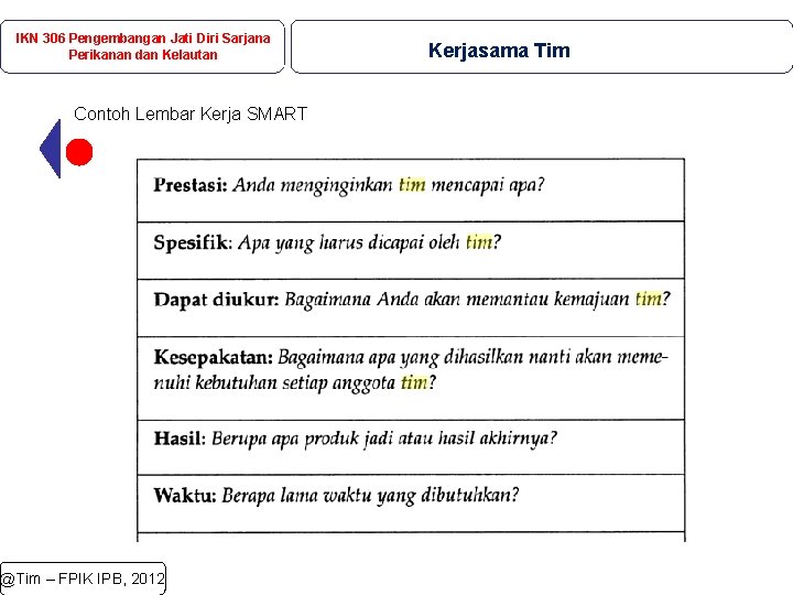 IKN 306 Pengembangan Jati Diri Sarjana Perikanan dan Kelautan Contoh Lembar Kerja SMART @Tim