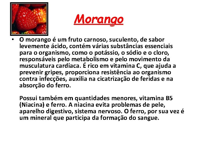 Morango • O morango é um fruto carnoso, suculento, de sabor levemente ácido, contém