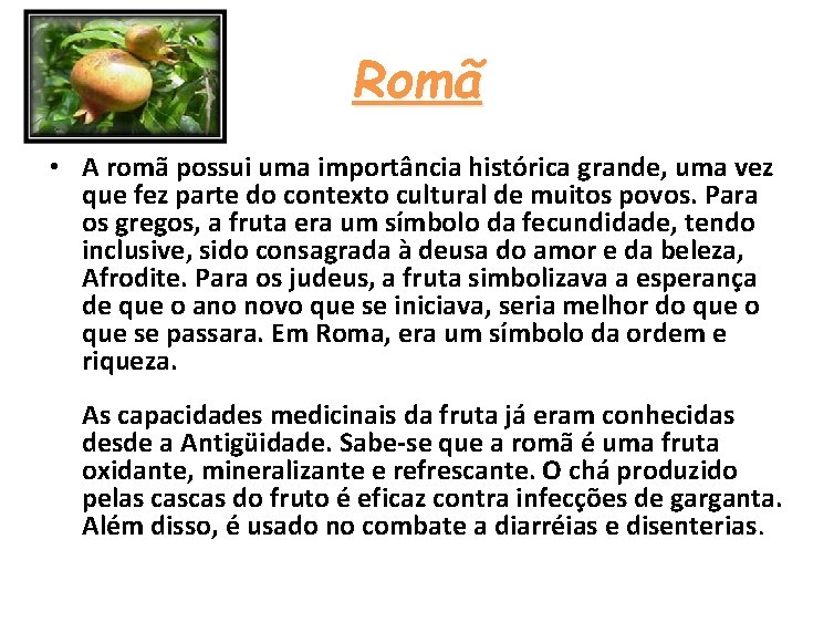 Romã • A romã possui uma importância histórica grande, uma vez que fez parte