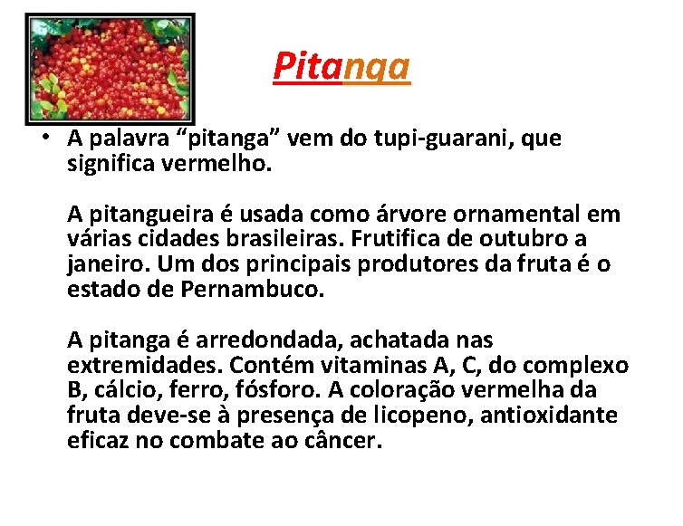 Pitanga • A palavra “pitanga” vem do tupi-guarani, que significa vermelho. A pitangueira é