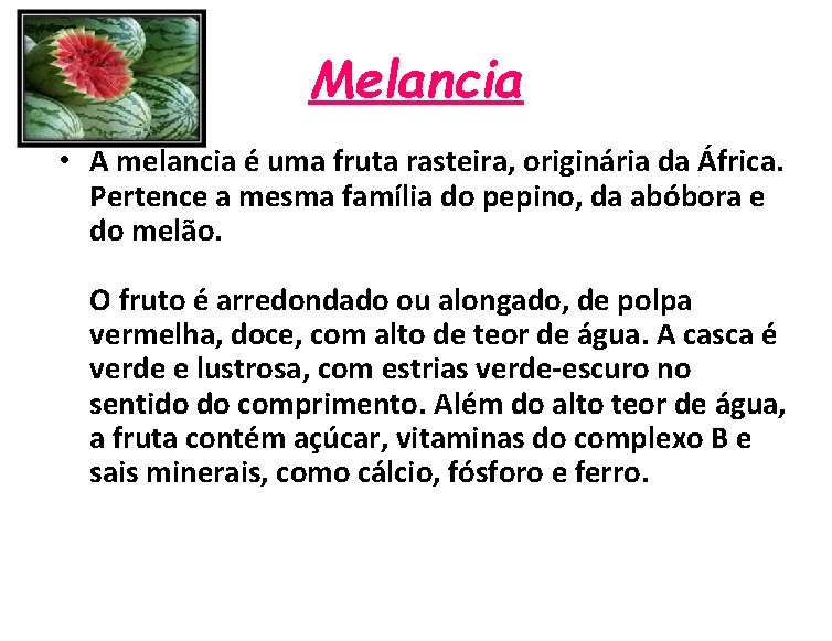 Melancia • A melancia é uma fruta rasteira, originária da África. Pertence a mesma