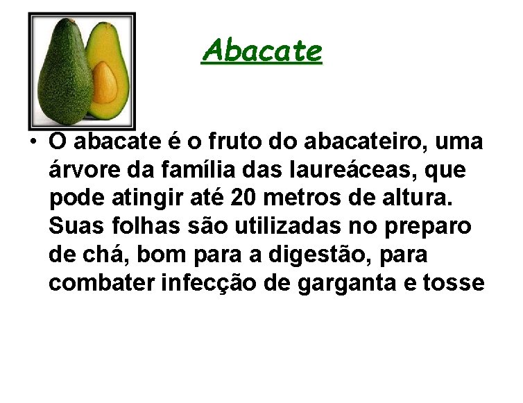 Abacate • O abacate é o fruto do abacateiro, uma árvore da família das