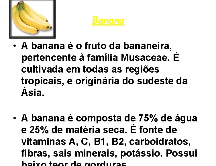 Banana • A banana é o fruto da bananeira, pertencente à família Musaceae. É