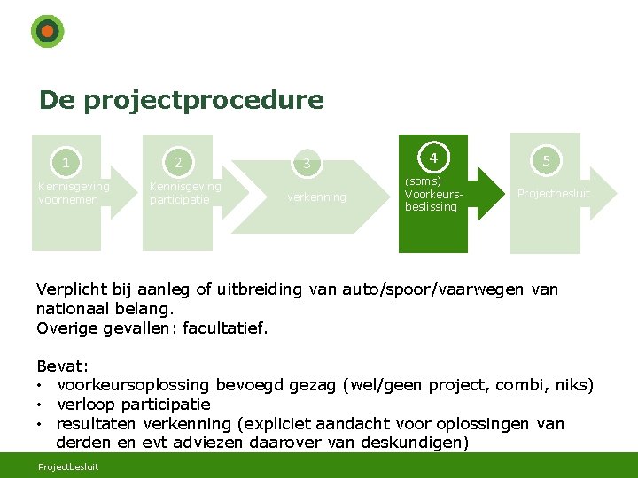 De projectprocedure 1 Kennisgeving voornemen 2 Kennisgeving participatie 3 4 (soms) verkenning Voorkeursbeslissing 5