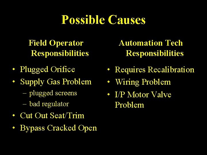 Possible Causes Field Operator Responsibilities • Plugged Orifice • Supply Gas Problem – plugged