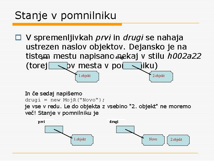 Stanje v pomnilniku o V spremenljivkah prvi in drugi se nahaja ustrezen naslov objektov.