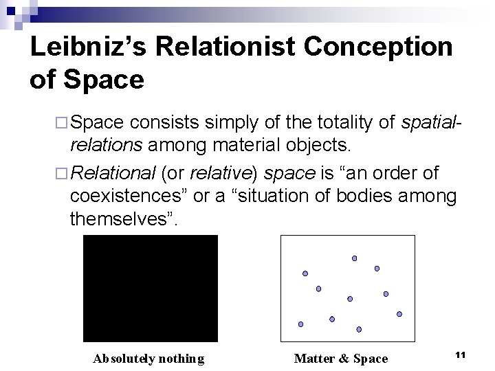 Leibniz’s Relationist Conception of Space ¨ Space consists simply of the totality of spatialrelations