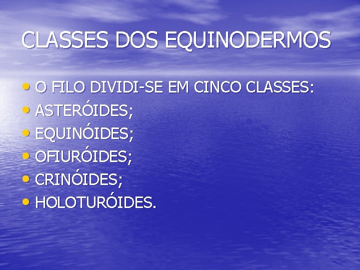 CLASSES DOS EQUINODERMOS • O FILO DIVIDI-SE EM CINCO CLASSES: • ASTERÓIDES; • EQUINÓIDES;