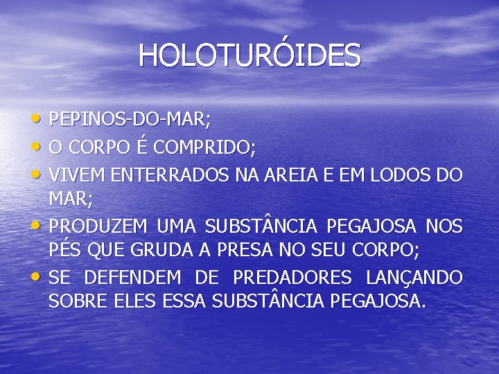 HOLOTURÓIDES • PEPINOS-DO-MAR; • O CORPO É COMPRIDO; • VIVEM ENTERRADOS NA AREIA E