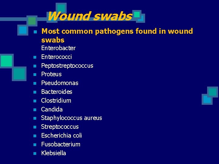 Wound swabs n n n n Most common pathogens found in wound swabs Enterobacter