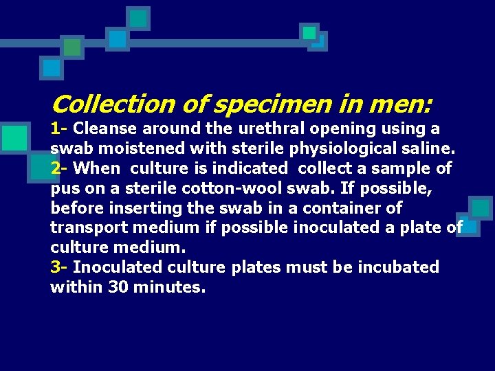 Collection of specimen in men: 1 - Cleanse around the urethral opening using a