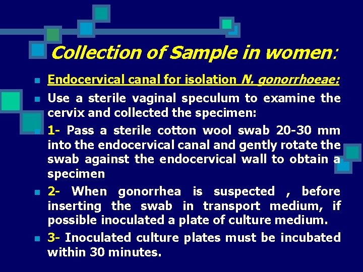 Collection of Sample in women: n Endocervical canal for isolation N. gonorrhoeae: n Use