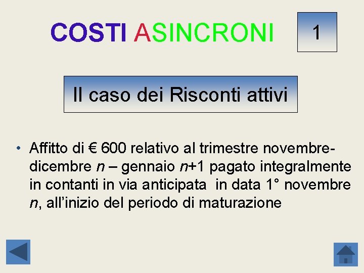COSTI ASINCRONI 1 Il caso dei Risconti attivi • Affitto di € 600 relativo