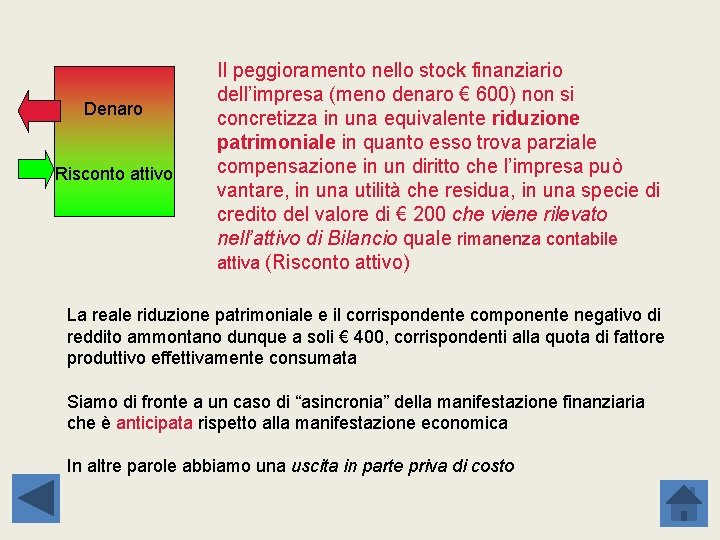 Denaro Risconto attivo Il peggioramento nello stock finanziario dell’impresa (meno denaro € 600) non