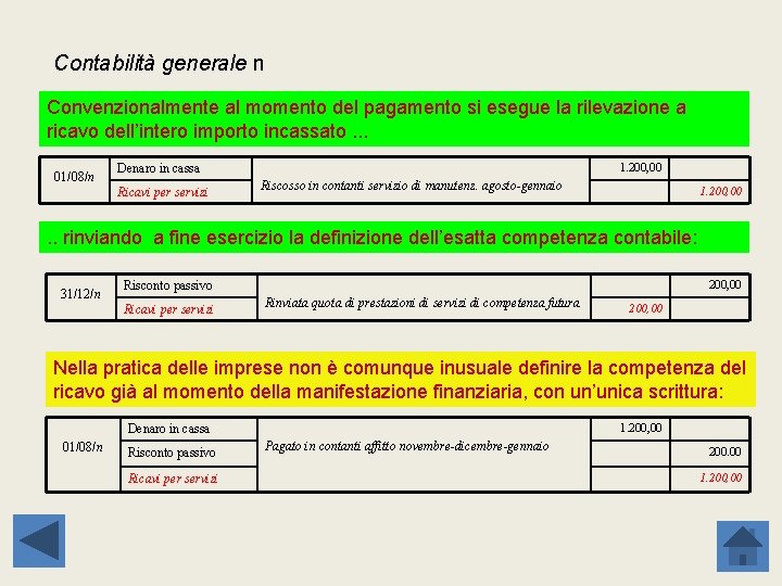 Contabilità generale n Convenzionalmente al momento del pagamento si esegue la rilevazione a ricavo