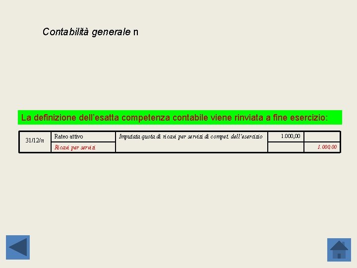 Contabilità generale n La definizione dell’esatta competenza contabile viene rinviata a fine esercizio: 31/12/n