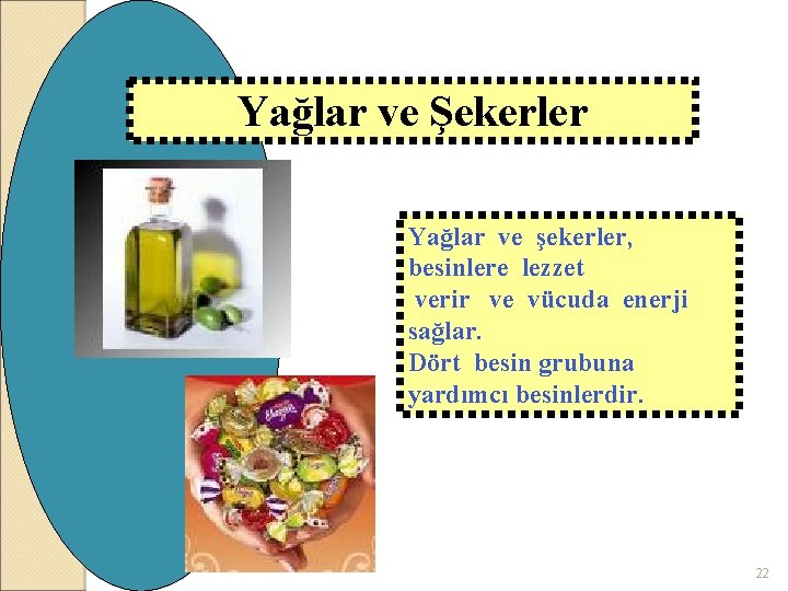 Yağlar ve Şekerler Yağlar ve şekerler, besinlere lezzet verir ve vücuda enerji sağlar. Dört