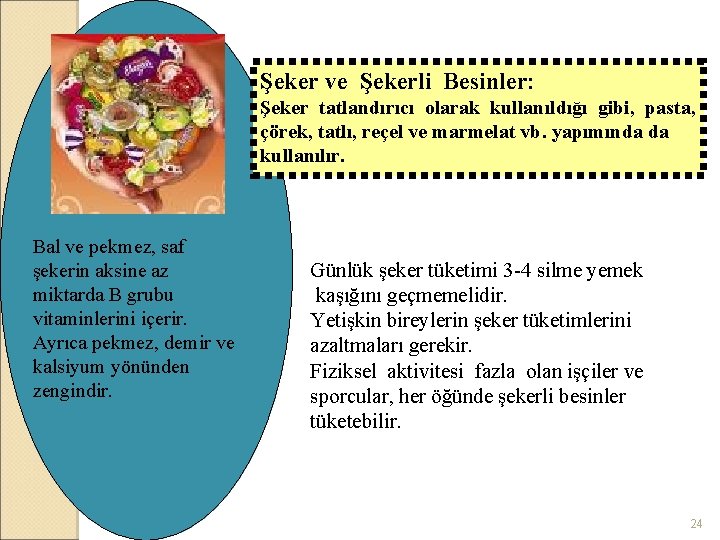 Şeker ve Şekerli Besinler: Şeker tatlandırıcı olarak kullanıldığı gibi, pasta, çörek, tatlı, reçel ve