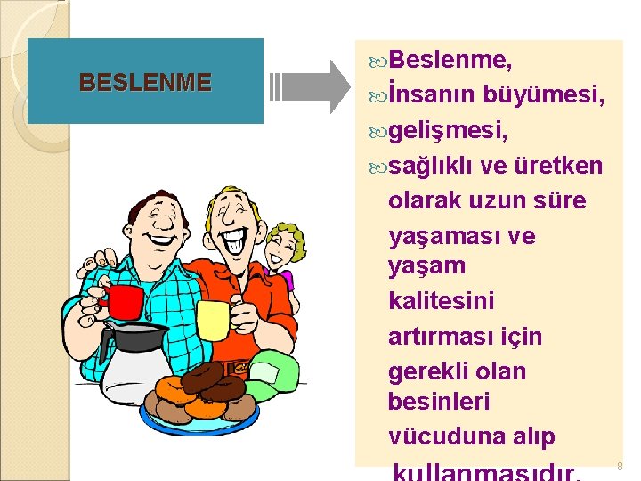 BESLENME Beslenme, İnsanın büyümesi, gelişmesi, sağlıklı ve üretken olarak uzun süre yaşaması ve yaşam