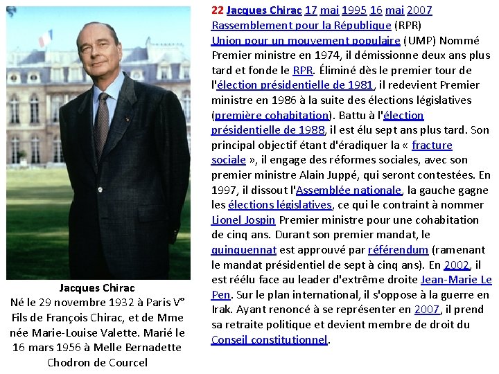 Jacques Chirac Né le 29 novembre 1932 à Paris V° Fils de François Chirac,