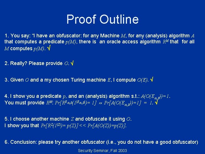 Proof Outline 1. You say: “I have an obfuscator: for any Machine M, for