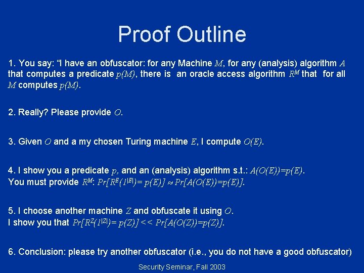 Proof Outline 1. You say: “I have an obfuscator: for any Machine M, for