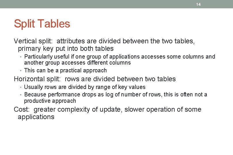 14 Split Tables Vertical split: attributes are divided between the two tables, primary key